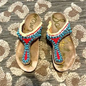 Sam Edelman Turquoise Red Braided Leather Thong Sandals